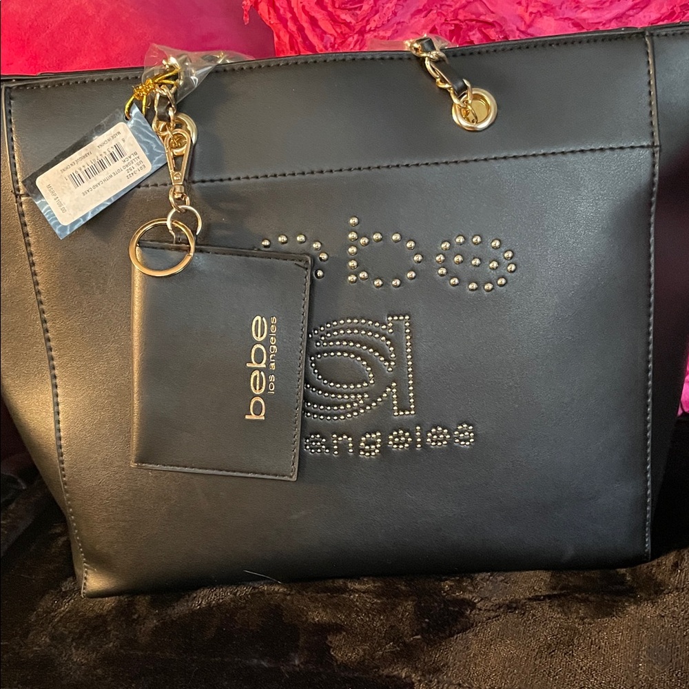 bebe Black Tote with Studded Logo and Gold Hardware